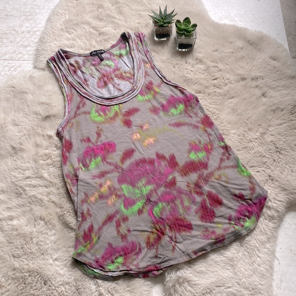 Ella Moss Shirt Tank Tie Dye Flowers Gray Pink Green XS
